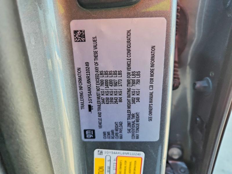 2022 Cadillac Escalade მანქანა იყიდება აუქციონზე, vin: 1GYS4AKL6NR110249, აუქციონის ნომერი: 51100796