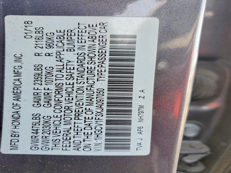 2018 Honda Accord მანქანა იყიდება აუქციონზე, vin: 1HGCV1F3XJA097050, აუქციონის ნომერი: 49404736