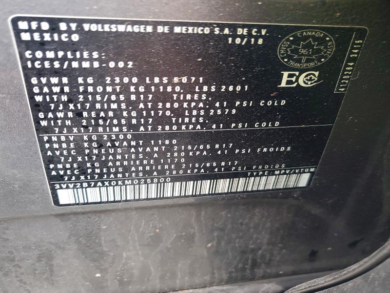 Aukcja sprzedaży 2019 Volkswagen Tiguan, vin: 3VV2B7AX0KM025800, numer aukcji: 50470976