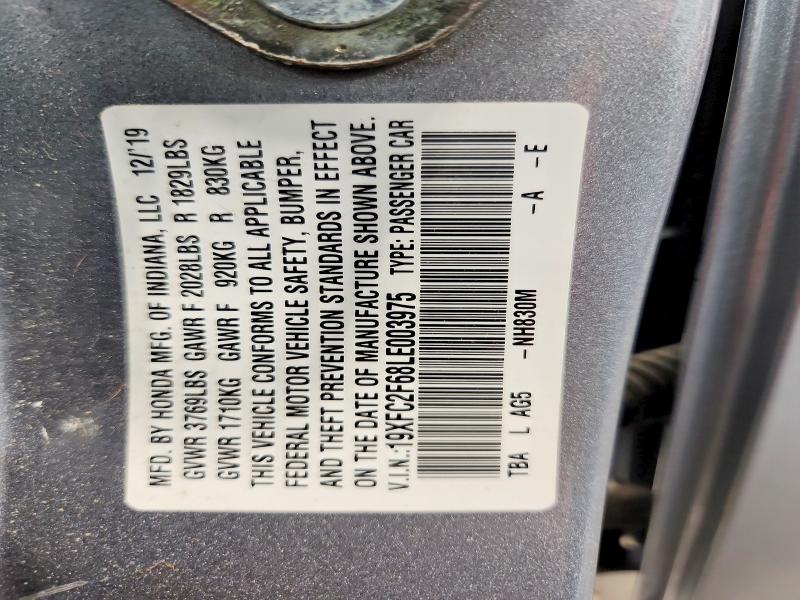 Продаж на аукціоні авто 2020 Honda Civic, vin: 19XFC2F68LE003975, номер лоту: 49479006