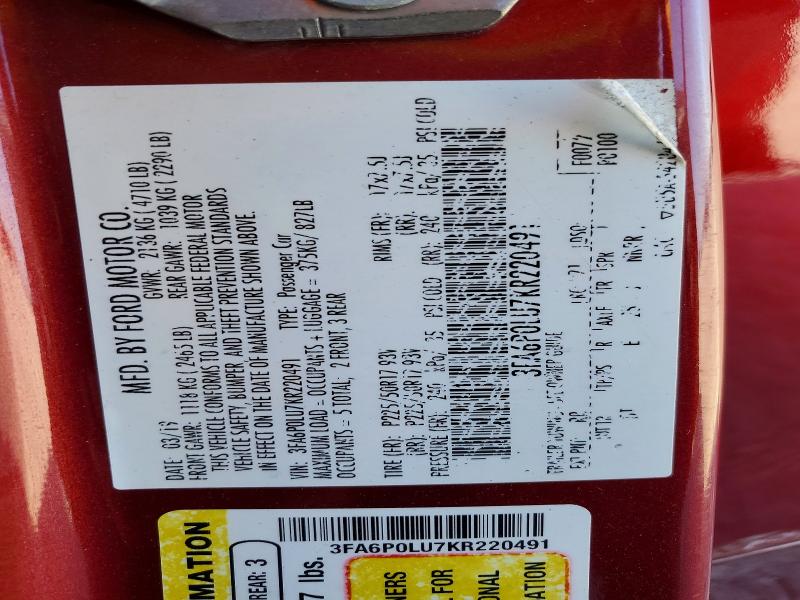 2019 Ford Fusion მანქანა იყიდება აუქციონზე, vin: 3FA6P0LU7KR220491, აუქციონის ნომერი: 48959386