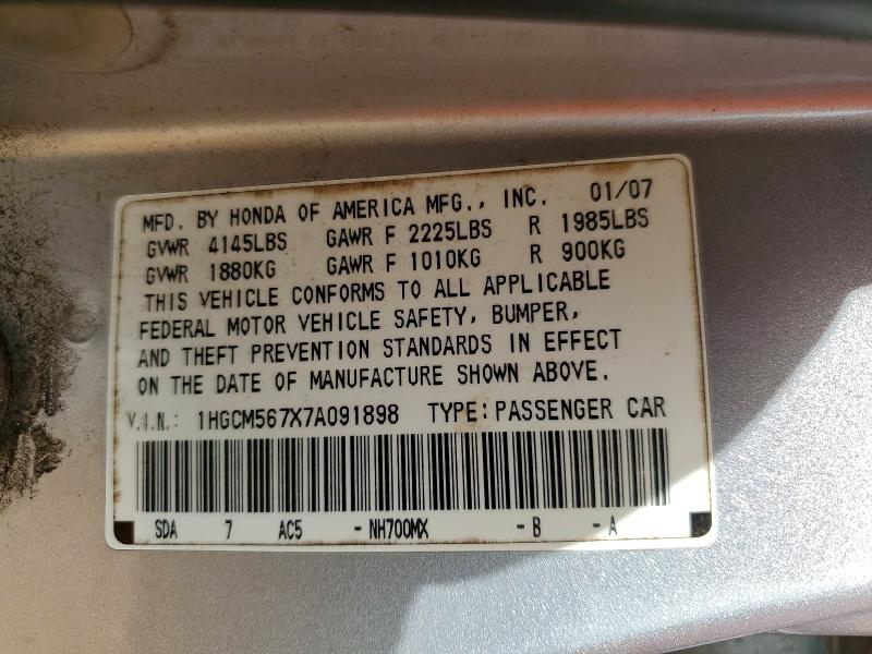 Продажа на аукционе авто 2007 Honda Accord, vin: 1HGCM567X7A091898, номер лота: 51000546