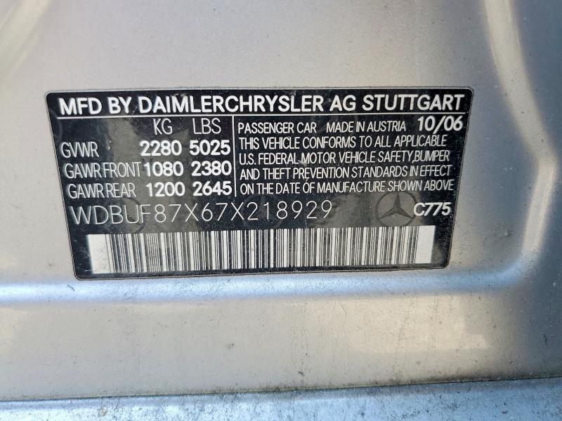 51247216 :رقم المزاد ، WDBUF87X67X218929 vin ، 2007 Mercedes-benz E مزاد بيع