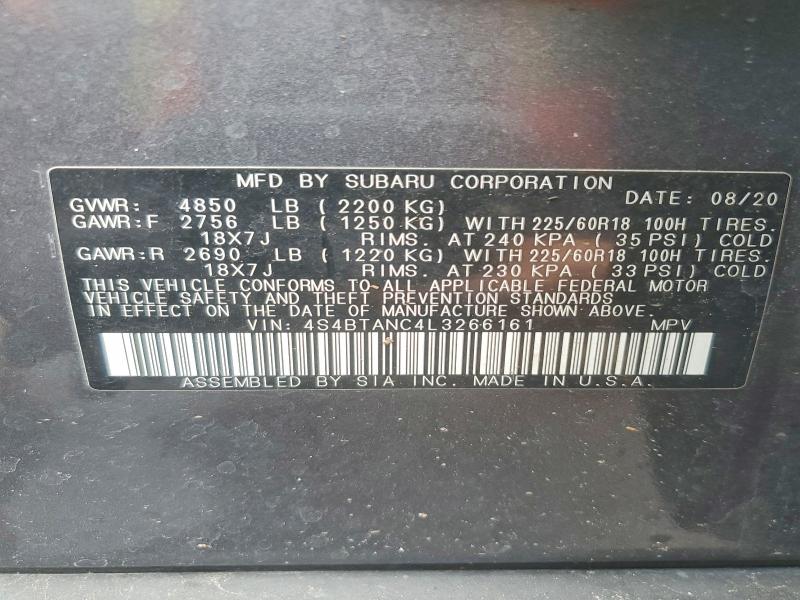 49156766 :رقم المزاد ، 4S4BTANC4L3266161 vin ، 2020 Subaru Outback مزاد بيع