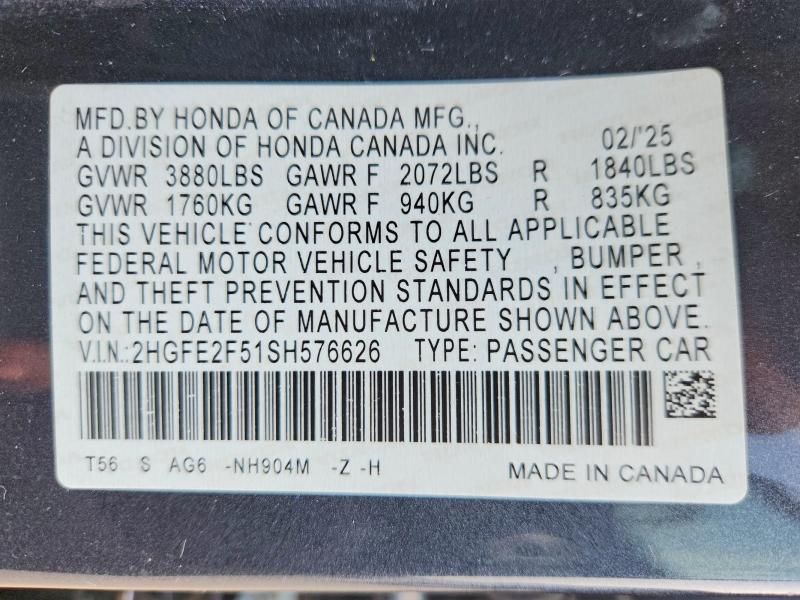Продажа на аукционе авто 2025 Honda Civic, vin: 2HGFE2F51SH576626, номер лота: 47648576