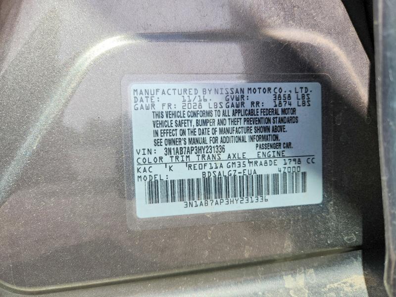 51767736 :رقم المزاد ، 3N1AB7AP3HY231336 vin ، 2017 Nissan Sentra مزاد بيع