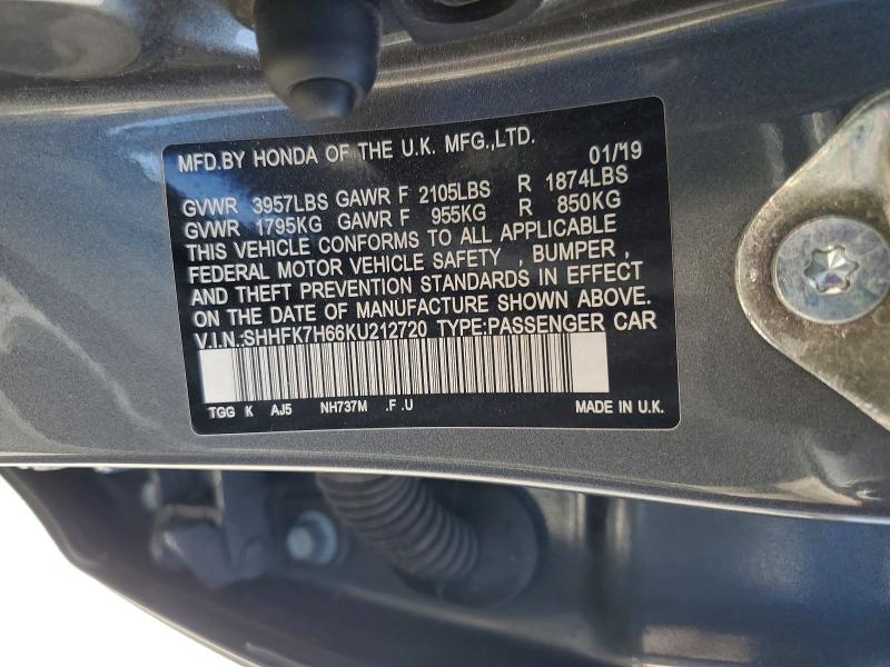 2019 Honda Civic მანქანა იყიდება აუქციონზე, vin: SHHFK7H66KU212720, აუქციონის ნომერი: 49028956