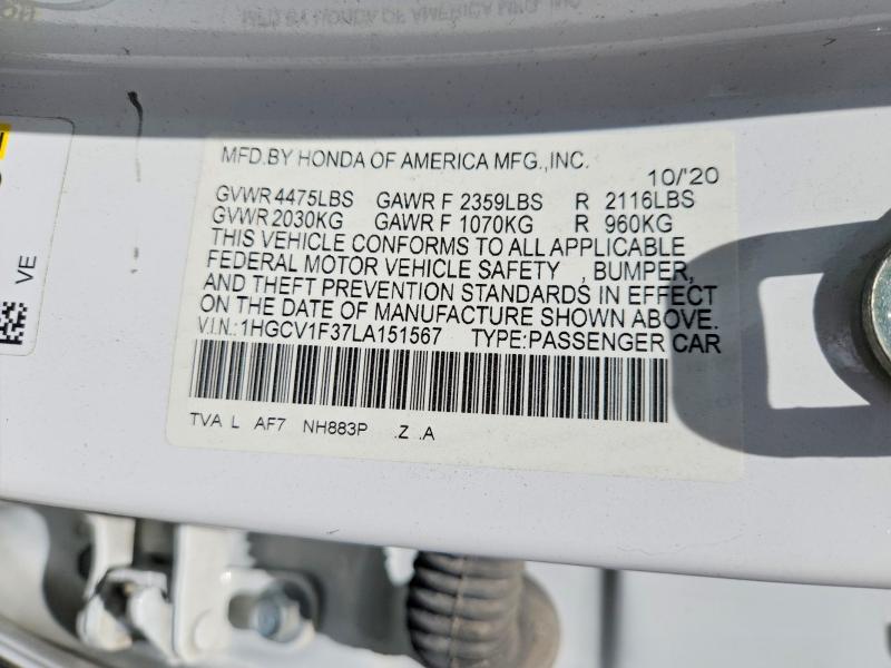 2020 Honda Accord მანქანა იყიდება აუქციონზე, vin: 1HGCV1F37LA151567, აუქციონის ნომერი: 49234546