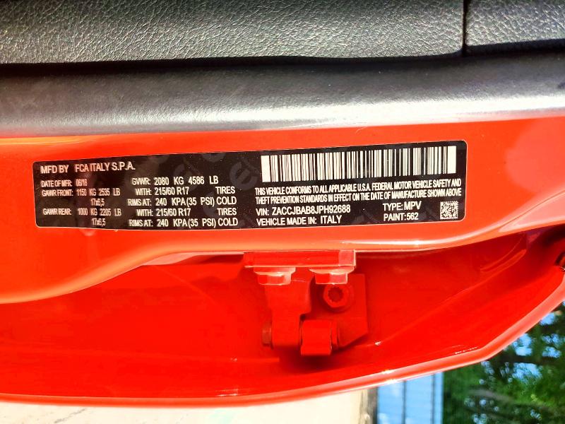 2018 Jeep Renegade მანქანა იყიდება აუქციონზე, vin: ZACCJBAB8JPH92688, აუქციონის ნომერი: 51260426