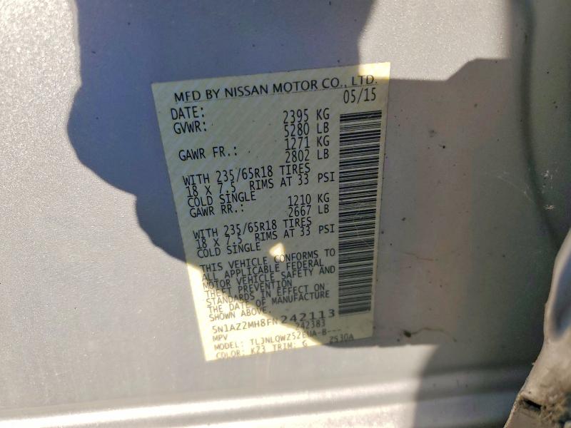 51343796 :رقم المزاد ، 5N1AZ2MH8FN242113 vin ، 2015 Nissan Murano مزاد بيع