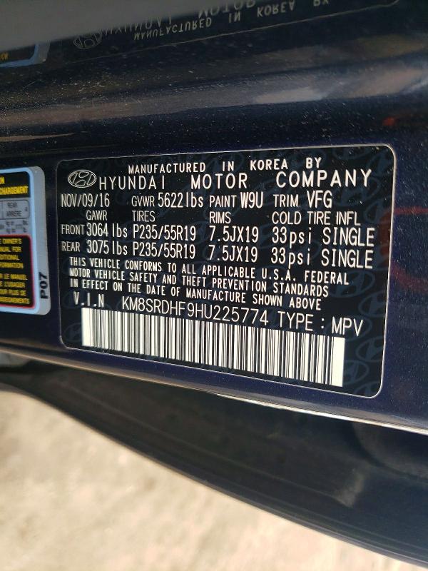 2017 Hyundai Santa Fe მანქანა იყიდება აუქციონზე, vin: KM8SRDHF9HU225774, აუქციონის ნომერი: 50779596