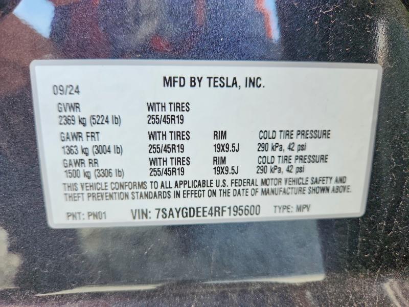 2024 Tesla Model Y მანქანა იყიდება აუქციონზე, vin: 7SAYGDEE4RF195600, აუქციონის ნომერი: 50679236