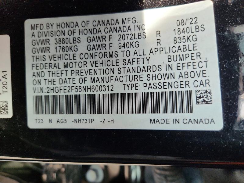 Продажа на аукционе авто 2022 Honda Civic, vin: 2HGFE2F56NH600312, номер лота: 49258656