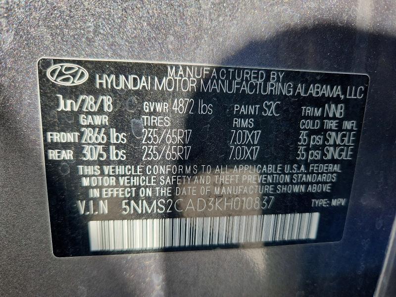 Aukcja sprzedaży 2019 Hyundai Santa Fe, vin: 5NMS2CAD3KH010837, numer aukcji: 51514776