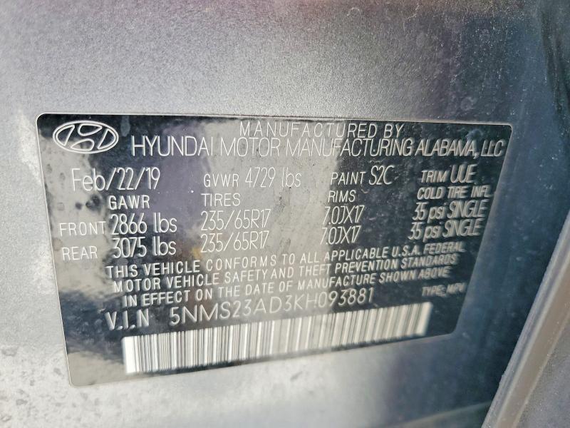 Продажа на аукционе авто 2019 Hyundai Santa Fe, vin: 5NMS23AD3KH093881, номер лота: 50313006