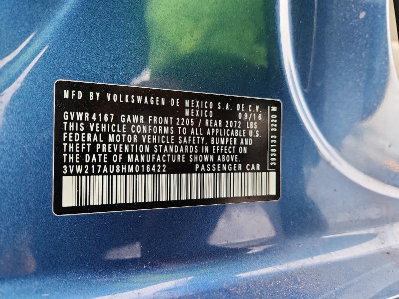 2017 Volkswagen Golf მანქანა იყიდება აუქციონზე, vin: 3VW217AU8HM016422, აუქციონის ნომერი: 46948326