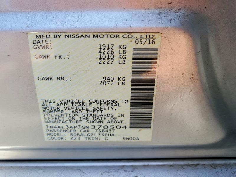 Продаж на аукціоні авто 2016 Nissan Altima, vin: 1N4AL3AP7GN370504, номер лоту: 50185816