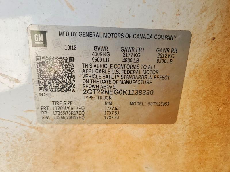 2019 Gmc Sierra მანქანა იყიდება აუქციონზე, vin: 2GT22NEG0K1138330, აუქციონის ნომერი: 48358526