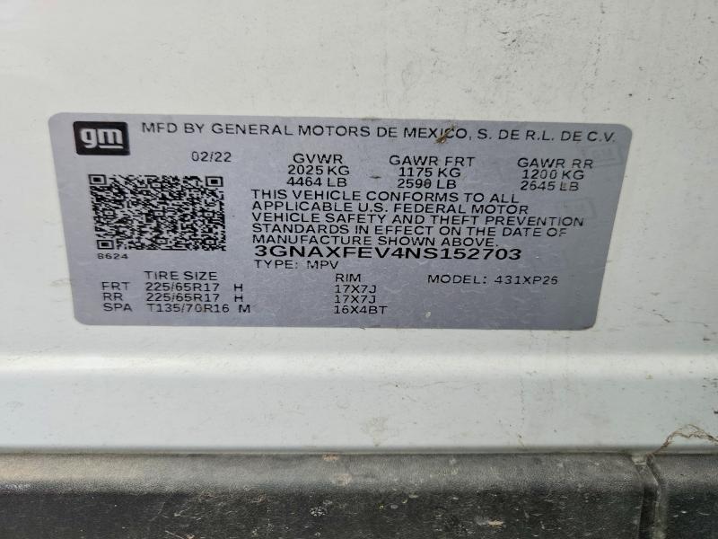 Aukcja sprzedaży 2022 Chevrolet Equinox, vin: 3GNAXFEV4NS152703, numer aukcji: 49195946