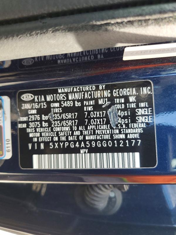 Продаж на аукціоні авто 2016 Kia Sorento, vin: 5XYPG4A59GG012177, номер лоту: 48522276