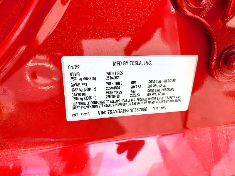 2022 Tesla Model Y მანქანა იყიდება აუქციონზე, vin: 7SAYGAEE8NF352098, აუქციონის ნომერი: 48977066