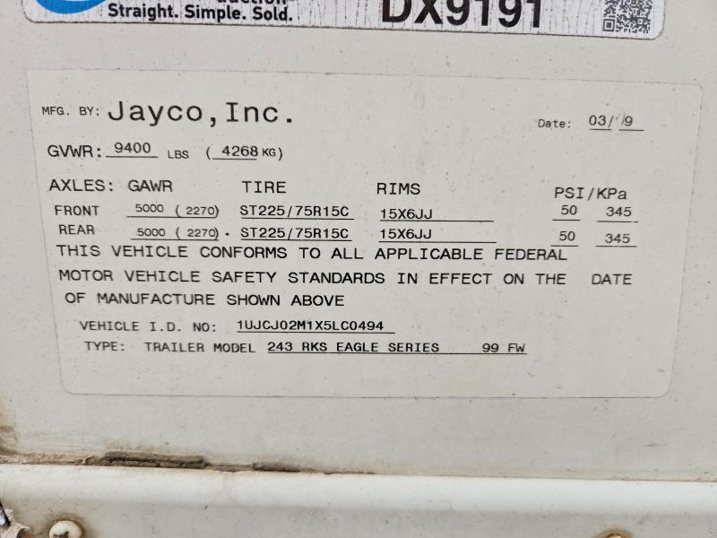 1999 Jayco Eagle მანქანა იყიდება აუქციონზე, vin: 1UJCJ02M1X5LC0494, აუქციონის ნომერი: 51144736