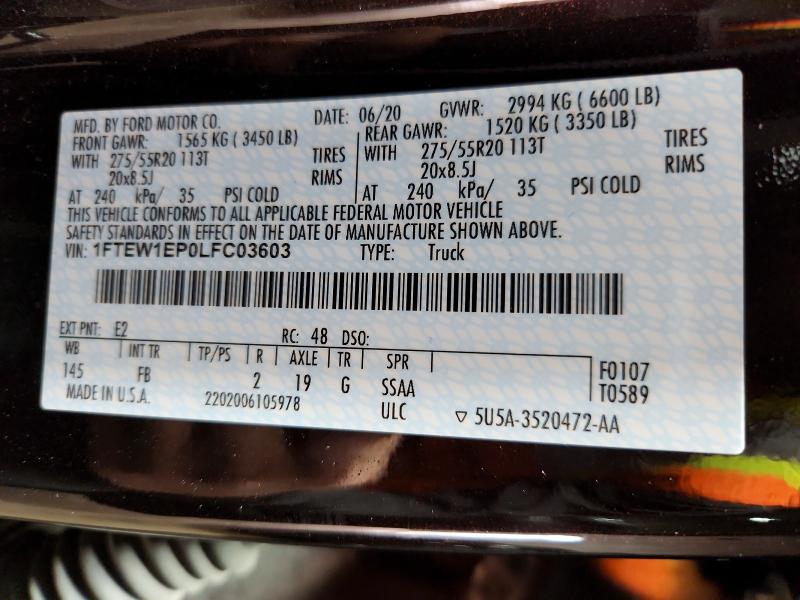Aukcja sprzedaży 2020 Ford F150, vin: 1FTEW1EP0LFC03603, numer aukcji: 51302116