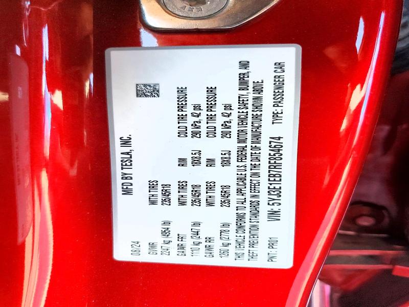 49246626 :رقم المزاد ، 5YJ3E1EB7RF854674 vin ، 2024 Tesla Model 3 مزاد بيع