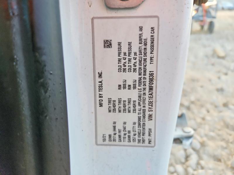 Aukcja sprzedaży 2021 Tesla Model 3, vin: 5YJ3E1EA7MF098361, numer aukcji: 50044196