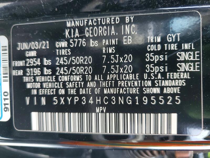 2022 Kia Telluride მანქანა იყიდება აუქციონზე, vin: 5XYP34HC3NG195525, აუქციონის ნომერი: 49536336