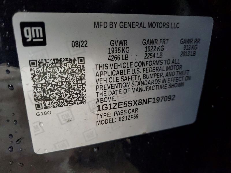 Aukcja sprzedaży 2022 Chevrolet Malibu, vin: 1G1ZE5SX8NF197092, numer aukcji: 51570376