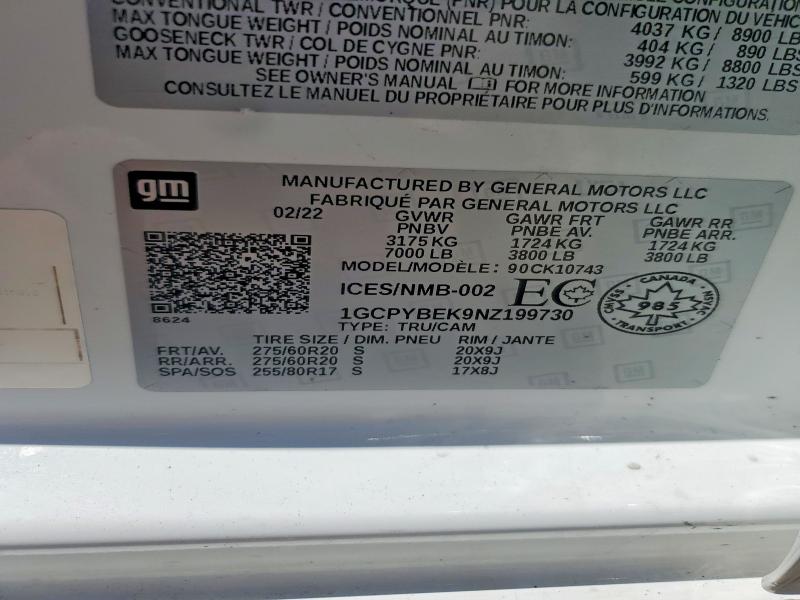 2022 Chevrolet Silverado Ltd მანქანა იყიდება აუქციონზე, vin: 1GCPYBEK9NZ199730, აუქციონის ნომერი: 48112476