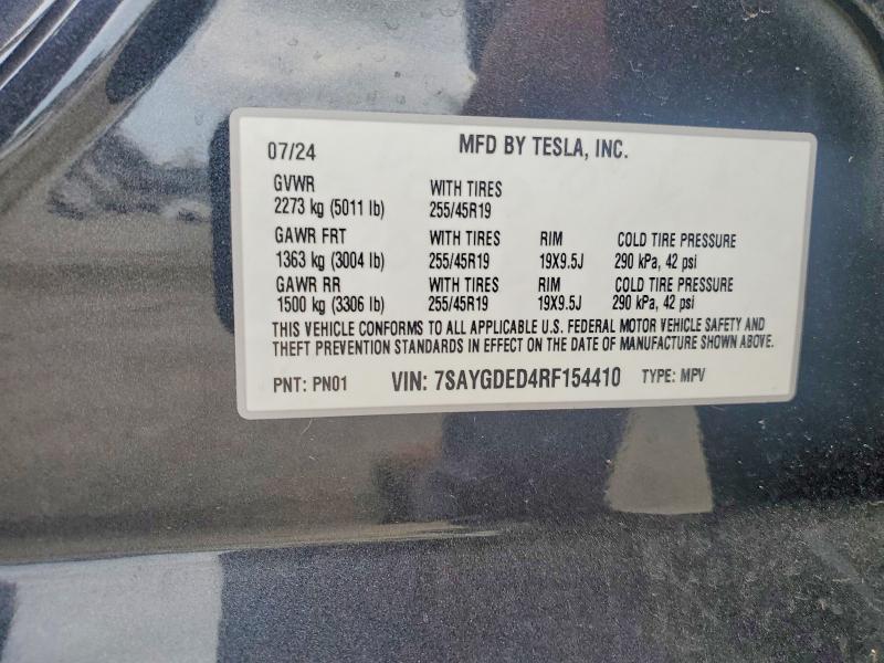Aukcja sprzedaży 2024 Tesla Model Y, vin: 7SAYGDED4RF154410, numer aukcji: 48617646