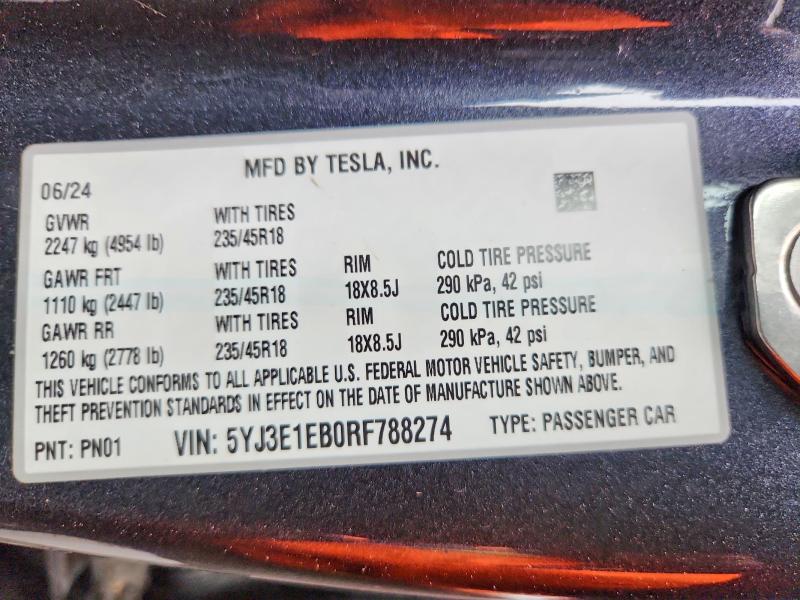 Продаж на аукціоні авто 2024 Tesla Model 3, vin: 5YJ3E1EB0RF788274, номер лоту: 50276926