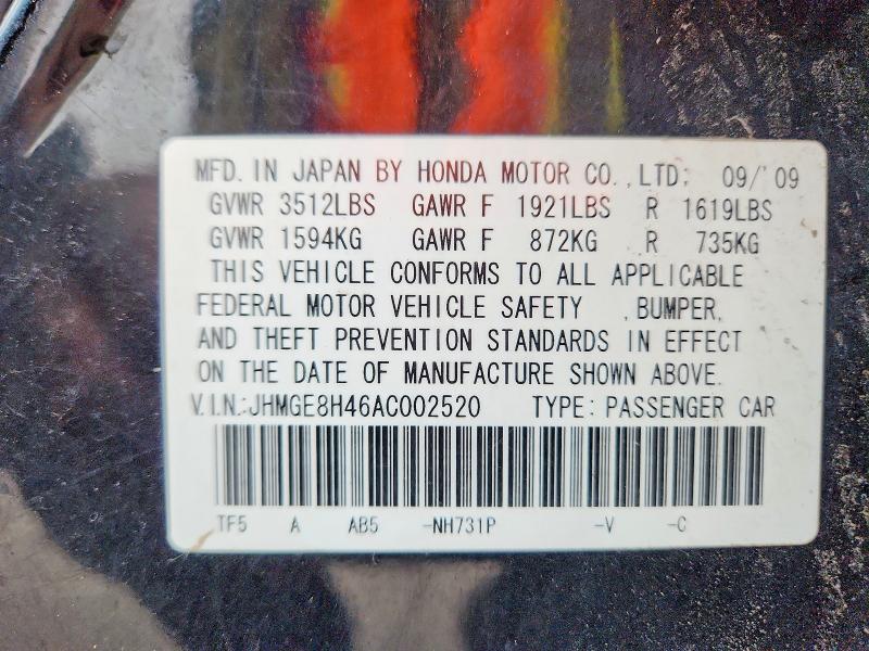 Aukcja sprzedaży 2010 Honda Fit, vin: JHMGE8H46AC002520, numer aukcji: 52084866