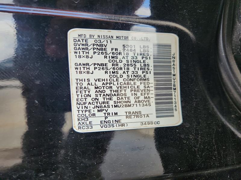 51006216 :رقم المزاد ، JN8AS1MU2BM711345 vin ، 2011 Infiniti Fx35 مزاد بيع