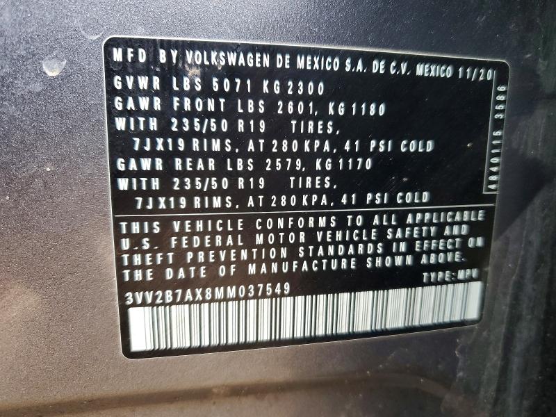 Продаж на аукціоні авто 2021 Volkswagen Tiguan, vin: 3VV2B7AX8MM037549, номер лоту: 46906436