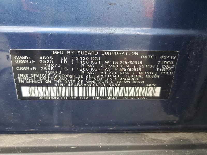 Aukcja sprzedaży 2019 Subaru Outback, vin: 4S4BSANC0K3315096, numer aukcji: 49486666