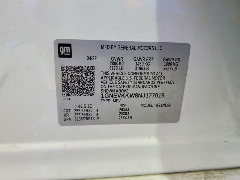 Продаж на аукціоні авто 2022 Chevrolet Traverse, vin: 1GNEVKKW8NJ177019, номер лоту: 49384686