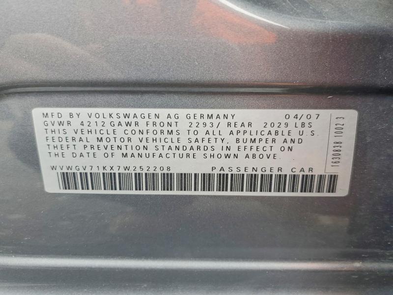 51438286 :رقم المزاد ، WVWGV71KX7W252208 vin ، 2007 Volkswagen New Gti مزاد بيع