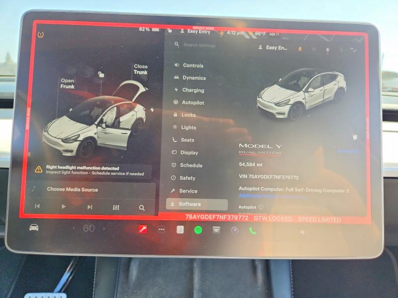 48188106 :رقم المزاد ، 7SAYGDEF7NF379772 vin ، 2022 Tesla Model Y مزاد بيع