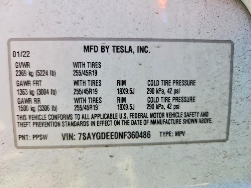 Продаж на аукціоні авто 2022 Tesla Model Y, vin: 7SAYGDEE0NF360486, номер лоту: 50885866