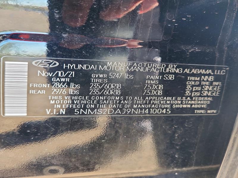 2022 Hyundai Santa Fe მანქანა იყიდება აუქციონზე, vin: 5NMS2DAJ9NH410045, აუქციონის ნომერი: 50319536