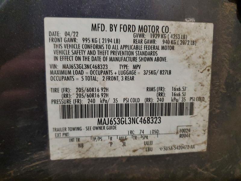 50854446 :رقم المزاد ، MAJ6S3GL3NC468323 vin ، 2022 Ford Ecosport مزاد بيع