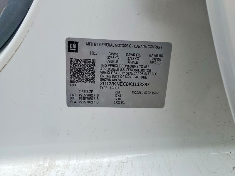 2019 Chev Silverado მანქანა იყიდება აუქციონზე, vin: 2GCVKNEC8K1133287, აუქციონის ნომერი: 50259406