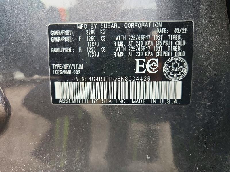 Aukcja sprzedaży 2022 Subaru Outback, vin: 4S4BTHTD5N3204436, numer aukcji: 48997436