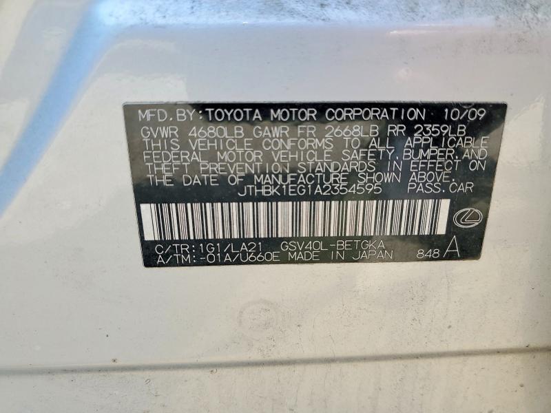 51138736 :رقم المزاد ، JTHBK1EG1A2354595 vin ، 2010 Lexus Es مزاد بيع
