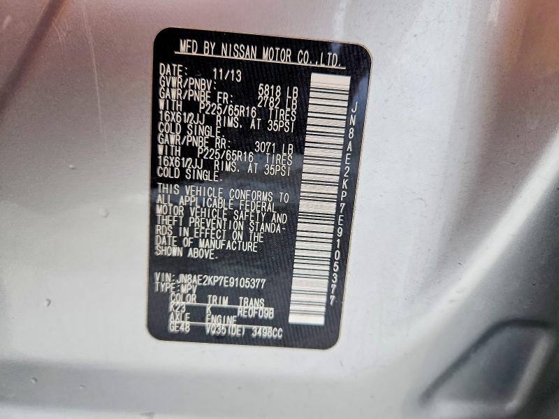 50711026 :رقم المزاد ، JN8AE2KP7E9105377 vin ، 2014 Nissan Quest مزاد بيع