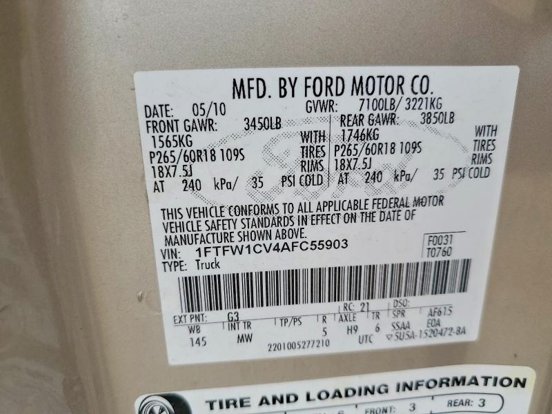 51150056 :رقم المزاد ، 1FTFW1CV4AFC55903 vin ، 2010 Ford F150 مزاد بيع