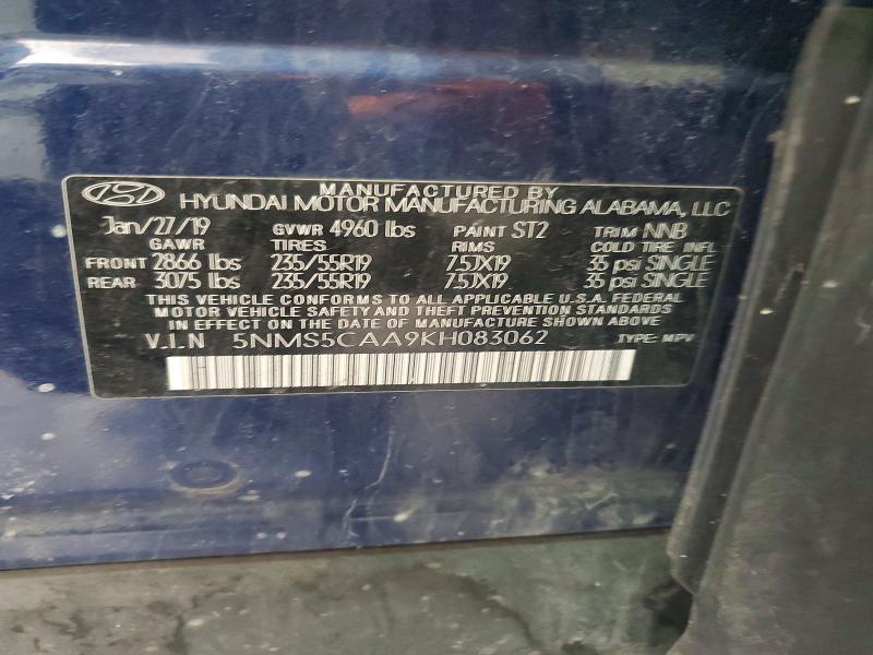2019 Hyundai Santa Fe მანქანა იყიდება აუქციონზე, vin: 5NMS5CAA9KH083062, აუქციონის ნომერი: 50614326